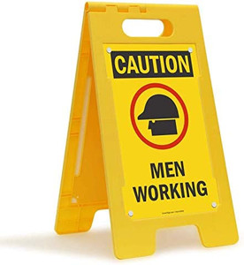 lot 8350 image: SmartSign 25 x 12 inch ��Caution - Men Working�� Two-Sided Folding Floor Sign with Symbol, Digitally Printed Polypropylene Plastic, Red, Black and Yellow