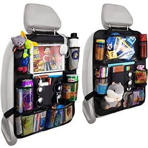 lot 25173 image: Reserwa Car Backseat Organizer x2 Kick Mats BackSeat Storage Bag with Clear Screen Tablet Holder, 9 Storage Pockets Seat Back Protectors with USB Headphone Slits for Toys Drinks Books Pens