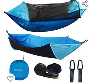 lot 25194 image: Sunnychic Camping Hammock with Mosquito Net & Tree Straps Lightweight Parachute Fabric Travel Bed for Hiking, Backpacking, Backyard