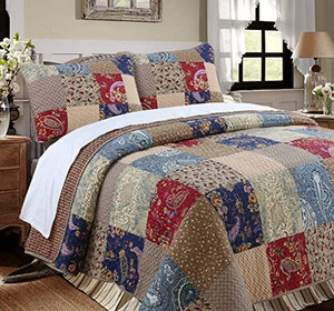 lot 59619 image: Cozy Line Home Fashions Sanders Red Navy Blue Brown Floral Print Real Patchwork, Quilt Bedding Set (RedNavy, Queen - 3 Piece)