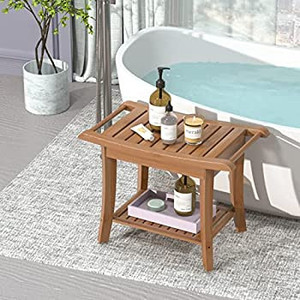 lot 59712 image: Bamboo Shower Stool Bench Waterproof with Storage Shelf