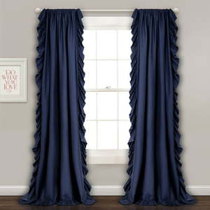 lot 59744 image: Lush Decor Reyna Shabby Chic Modern Farmhouse Solid Color with Cascading Ruffle Border 3 Rod Pocket Light Filtering Window Curtain Panel Navy 84 L x 54 W Set of 2