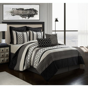 lot 59822 image: Stratford Home Collection- 8-Piece King Comforter Set , Avalon BlackGrey