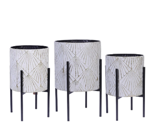 lot 59838 image: LuxenHome 3-Piece Gray and Gold Metal Cachepot Planters with Black Stand