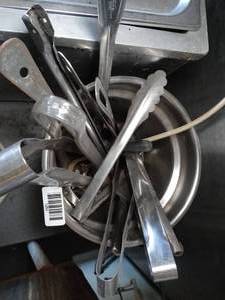 lot 1253 image: Metal Bin with Stainless Tongs