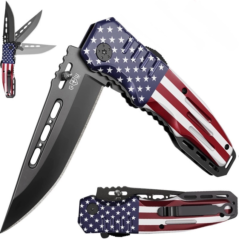 lot 27 image: Grand Way Military Style Spring Assisted 440C Steel Pocket Knife, Flag USA