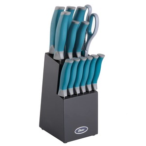 lot 23 image: Oster Lindbergh 14 Piece Stainless Steel Cutlery Set Black Block, Teal Handles,TealBlack