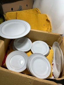 lot 53 image: Large Box of Tienshan and Gibson Fine China Plates, Bowls, Serving Trays, and Placemats