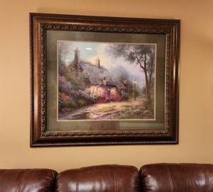 lot 100 image: Thomas Kinkade Framed Moonlight Cottage Print Artwork #9481000 with Autopen Signature and Certificate of Authenticity 44.5x38 (Located in Basement)