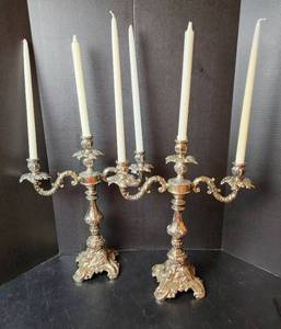 lot 127 image: (2) Very Heavy Metal Candelabras and (6) Candlesticks 16x18 each (located in basement)