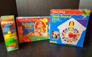 lot 148 image: Fisher Price Wash Around the Clock, Barnyard Bingo, and More (Located in basement)