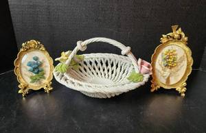 lot 180 image: China Dish Made in Italy and (2) Framed Floral Pieces (located in basement)