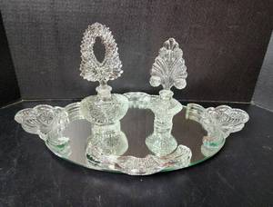 lot 181 image: (2) Crystal Perfume Bottles and Mirrored Vanity Tray (located in basement)