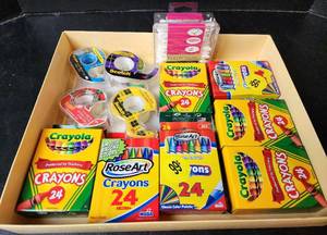 lot 208 image: NIB Crayons, Scotch Tapes, and Dual-Tip Applicators (located in basement)
