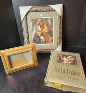 lot 232 image: New Holy Bible, Jesus Picture, and Picture Frame (located in basement)