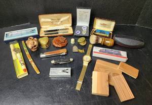 lot 241 image: Pocket Knives, Watch, Pen Set, Antique Gillette Razor, and More (located in basement)
