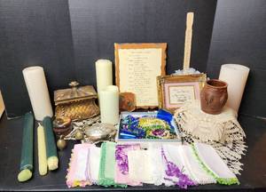 lot 243 image: Candles, Doilies, Hankies, Beads, and Decor (located in basement)