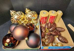 lot 254 image: Large Christmas Ornaments, Pinecone Ornaments, and Mesh Ribbon (located in basement)