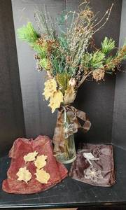 lot 269 image: Glass Hurricane Vase with Faux Flowers (located in basement)