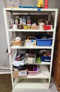 lot 291 image: Metal Shelf with Contents (Paint and Painting Supplies, Hardware, Hand Tools, Wallpaper, Power Cords, and More) Located in Basement