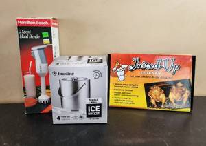 lot 509 image: NIB (2) Speed Hand Blender, Fine Dine Double Wall Ice Bucket, and Juiced-Up Chicken Cooker
