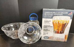 lot 521 image: NIB 3.5 Gallon Beverage Dispenser with Removable Ice-Cone, Glass Water Dispenser, and (2) Plastic Serving Bowls