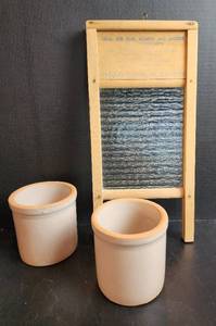 lot 532 image: Glass Washboard and (2) Crocks