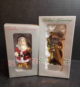 lot 551 image: (2) NIB Dillards trimmings Hand Blown GlassHand Painted Christmas Ornaments