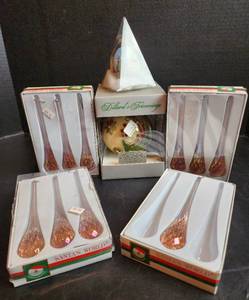 lot 552 image: NIB Dillards Trimmings Blown GlassHand Painted Christmas Ornament, Hand Painted Egg Christmas Ornament, and (10) Crystal Christmas Ornaments