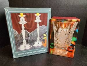 lot 557 image: St. George Crystal Hurricane and NIB International Silver Company Candle Sticks