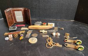 lot 600 image: Pocket Watch, Cuff Links, Knives, Wallet, Tie Tacks, Money Clip, Pins, and More