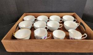 lot 637 image: Serving Tray with China (Crown Prince Bone China - England, Hand Painted Meito China, and Centura by Corning)