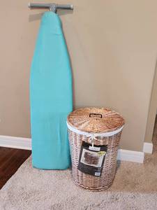 lot 647 image: Ironing Board and New Wicker Laundry Hamper