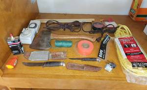 lot 824 image: Hatchet, Knife, Rope, Power Cords, and More