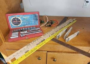 lot 840 image: Wizard Socket Set, Bungie Cords, Yard Sticks, Metal Square, and (3) Adjustable Yard Sticks