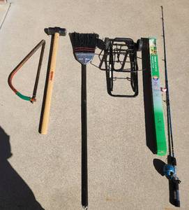 lot 848 image: Sledgehammer, Fishing Pole, Cart, Saw, Broom, and Heat Control Window Film