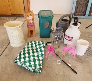 lot 850 image: Garden Sprayer, Trash Cans, Planters, Vases, Toilet Paper Holder, and Watering Can (green checkered tablecloth NOT included)