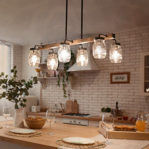 lot 22722 image: Lynea Modern Farmhouse 6-Light Glass Chandelier Faux Wood Bar Light, Brown (27.5L x 11W x 71.5H) (Retails $200) (Stock photo similar)