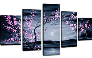 lot 22729 image: Moyedecor Art Purple Plum Blossom in Night View Modern Canvas Painting Wall Art (5pcs) (Retails $60)