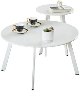 lot 22731 image: Meluvici Weather Resistant Outdoor Round Nesting Tables, White (Set of 2) (Retails $90)