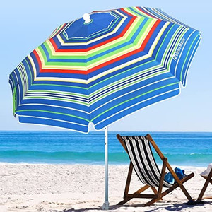 lot 23058 image: Brace Master Umbrella With Sand Anchor,  Tilt Aluminum Pole, and Carry Bag, BlueRedStripe  (6.5)