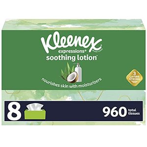 lot 23548 image: Kleenex Expressions Soothing Lotion Facial Tissues with Coconut Oil, Aloe & Vitamin E  (8 Flat Boxes)