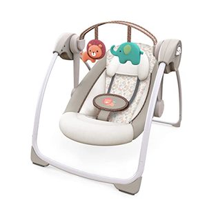 lot 61636 image: Ingenuity Soothe n Delight 6-Speed Compact Portable Baby Swing with Music and Bar, Cozy Kingdom
