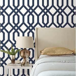 lot 61647 image: RoomMates Gazebo Lattice Peel and Stick Wallpaper, Navy and White