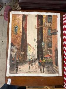 lot 8219 image: hand painted picture. road side stand in Italy 1979