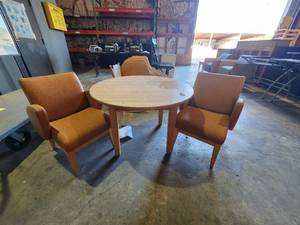 lot 39678 image: Childrens Table and Chair Set Wooden with Orange Vinyl Seat