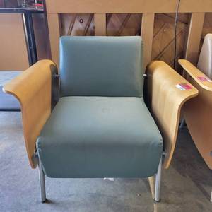 lot 39693 image: Vintage Wooden Armed Lounge Chair W a Blue Seat Cushion