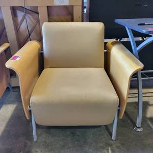 lot 39694 image: Vintage Wooden Armed Lounge Chair W a Creme Colored Cushioned Seat