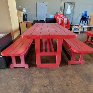 lot 39702 image: Pollywood 70in Outdoor Red Picnic Table W 2 Benches