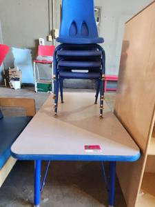 lot 39674 image: Gray Childrens School Desk W Blue Chairs